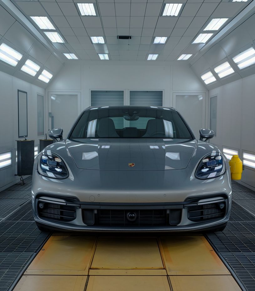 silver-colored Porsche in the service paint booth at International Sport Motors silver-colored-Porsche-in-the-service paint-booth-at-International-Sport-Motors